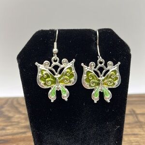 Butterfly Drop Earrings Silver tone and Green Enamel Butterfly 🦋